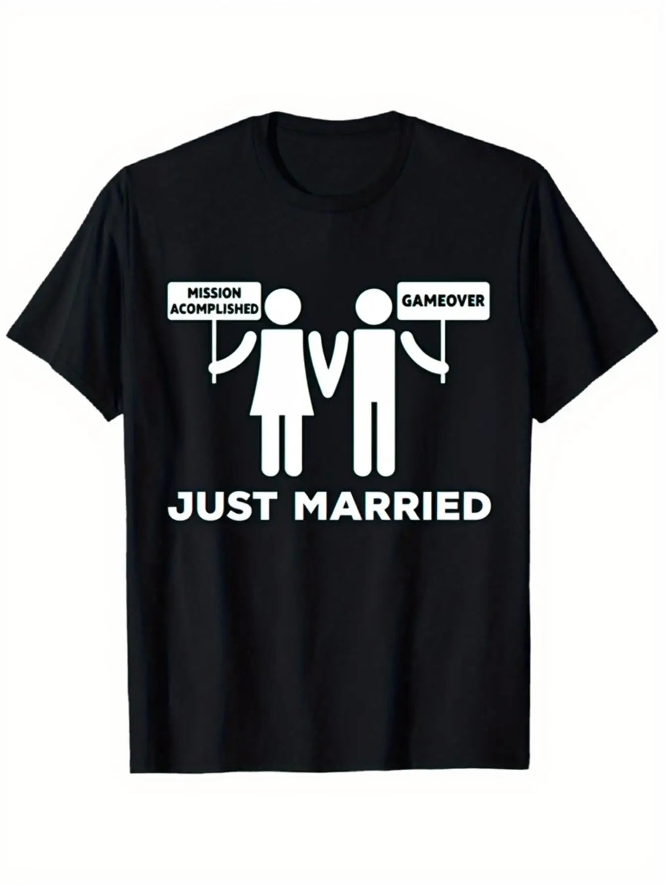 Just Married Couple Graphic Cotton T Shirt Short Sleeve Casual