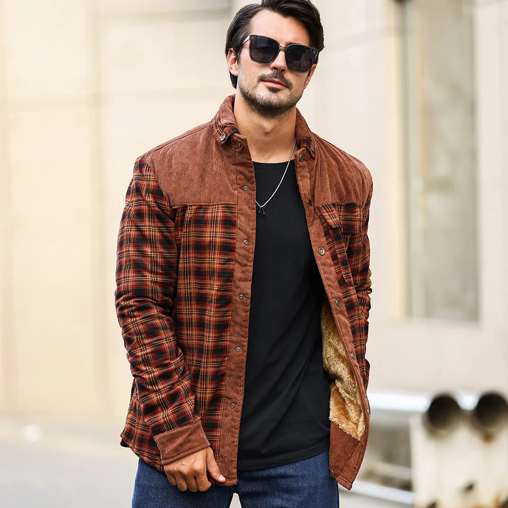 NONECN Men's Winter Windproof Bomber Jacket Plaid Sherpa Lined Coat