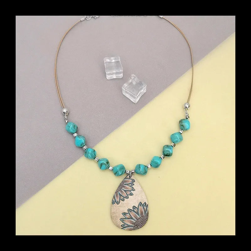 NONECN Western Farm Style Wooden Water Drops Sunflower Pendant Necklace