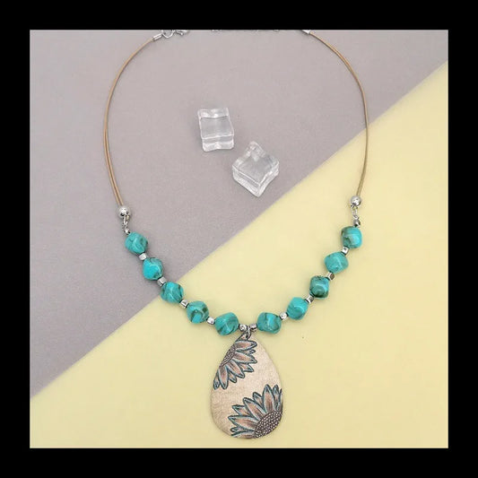 NONECN Western Farm Style Wooden Water Drops Sunflower Pendant Necklace