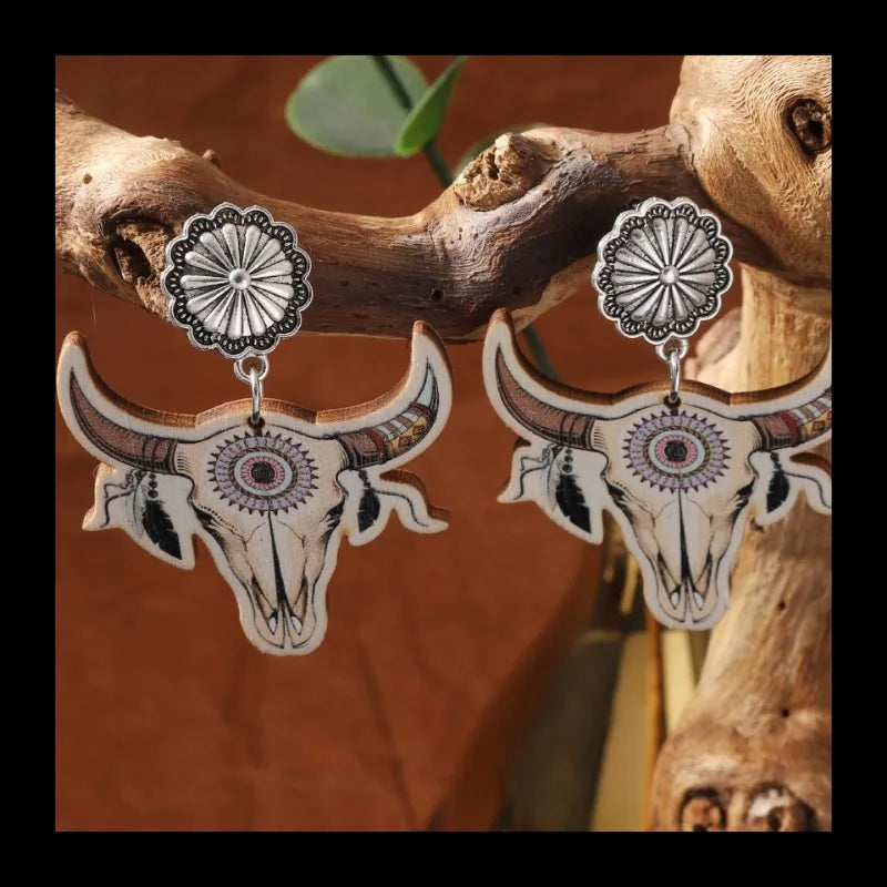 Halloween Fashion Western Cowboy Style Printed Wooden Creative Farm Highland Consumption Cow Earrings Personality Trend