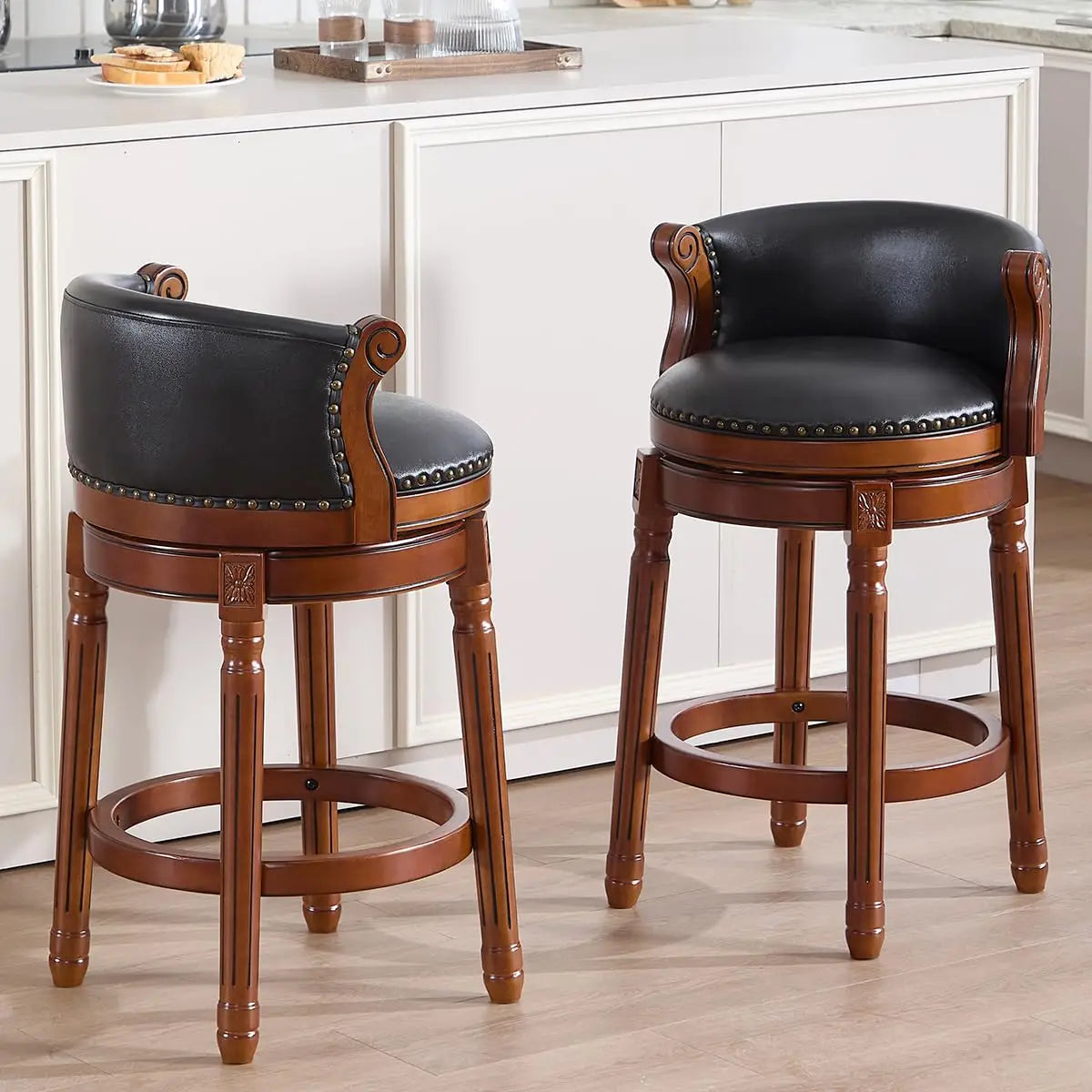 Leather Wooden Bar Stool With Back 29.5 Swivel Bar Chair