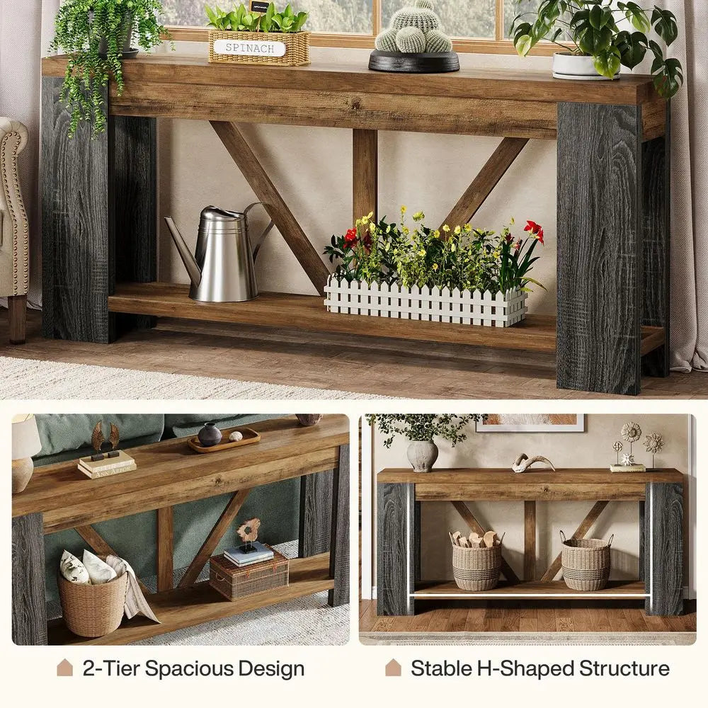 Narrow Farmhouse Console Table With Storage Shelf For Hallway