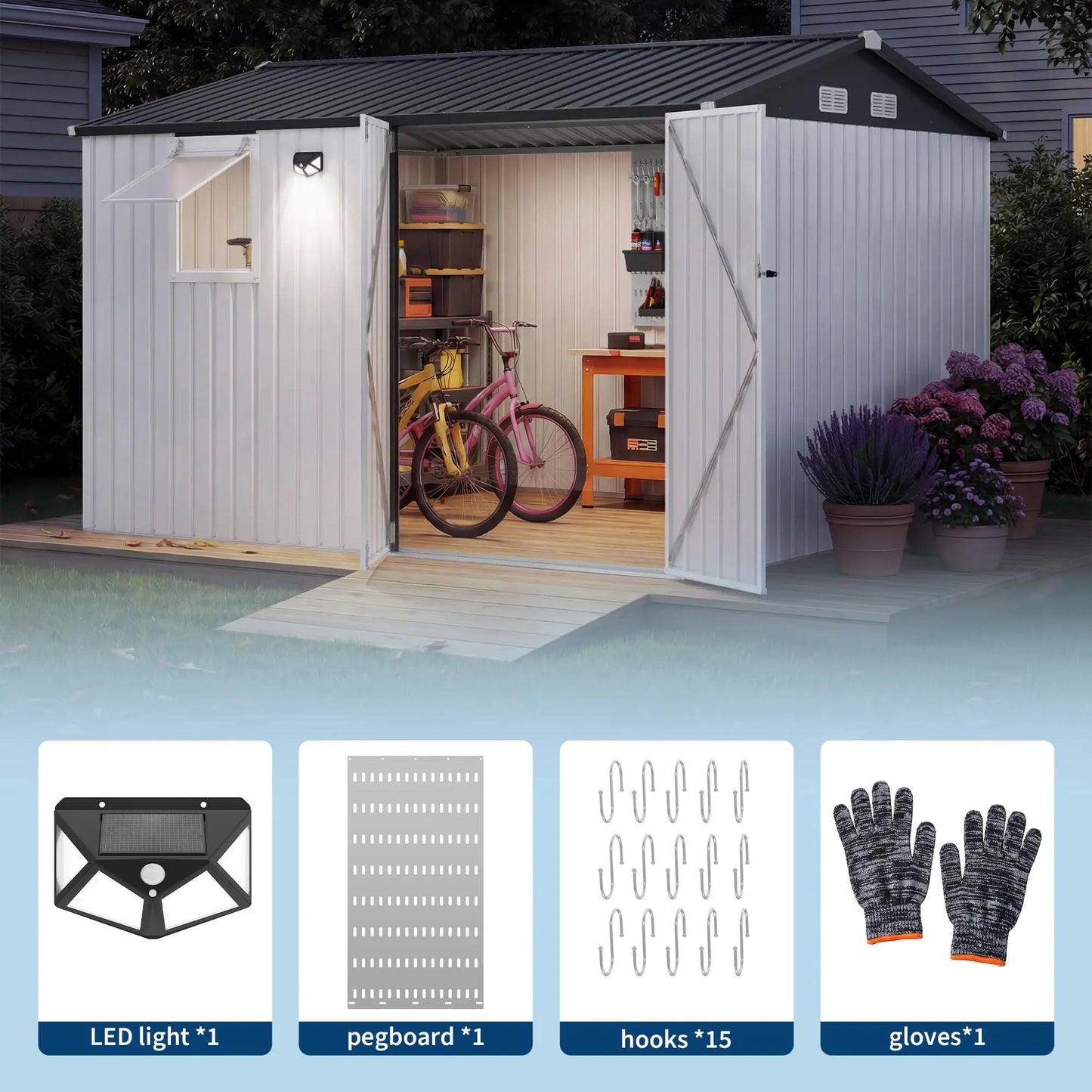 HiMISS Steel Garden Storage Shed With Sloped Roof Lockable Doors