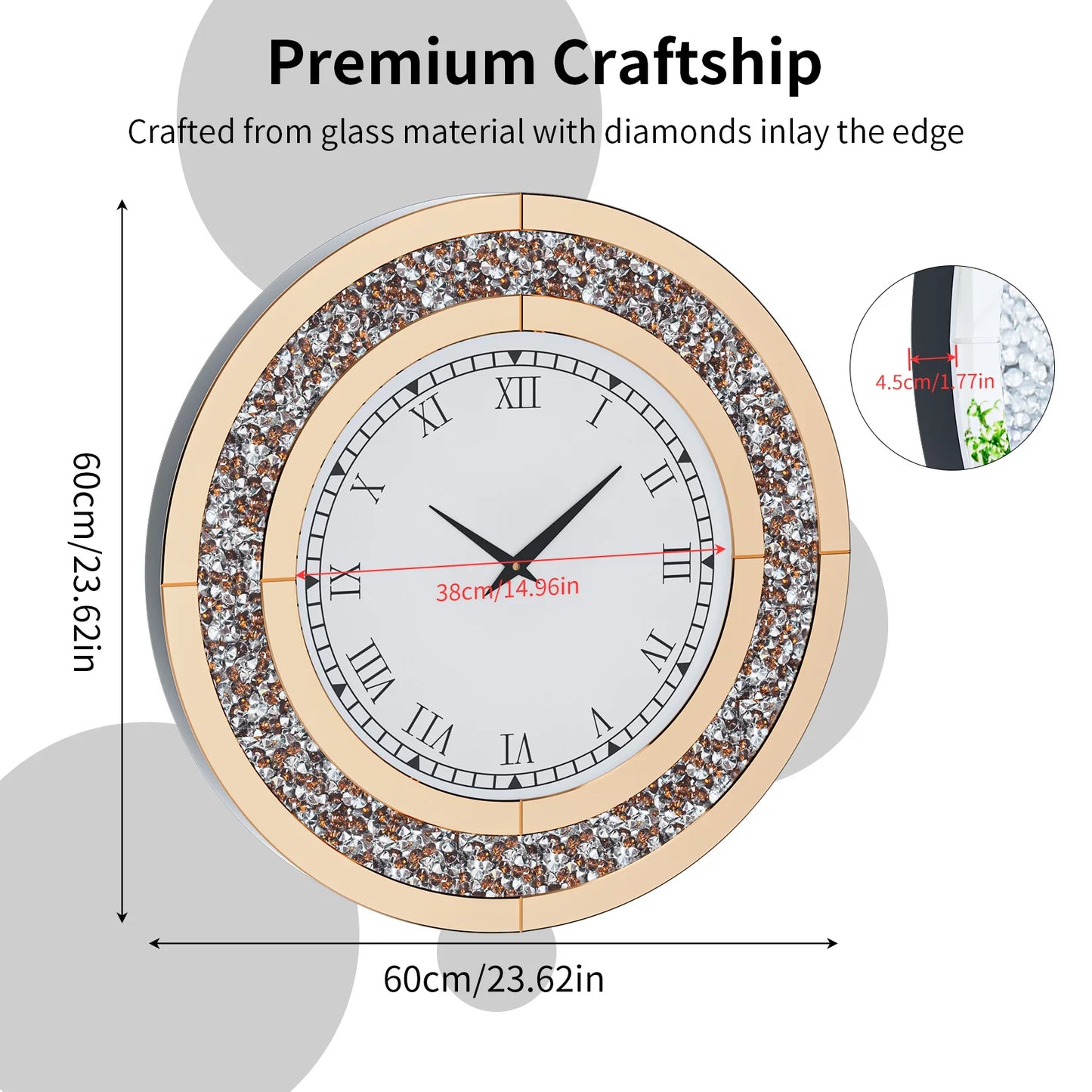 Round Mirrored Wall Clock with Crystal Sparkle Bling