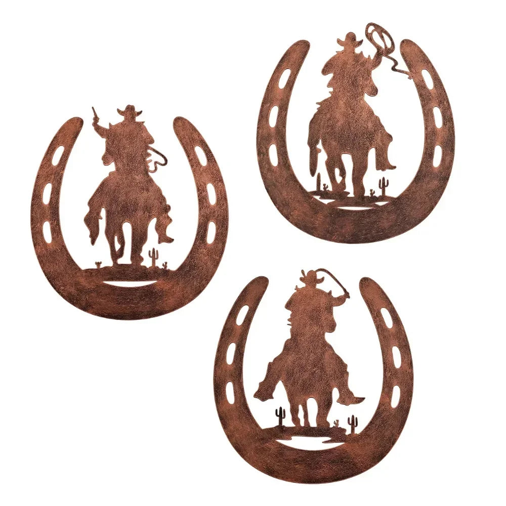 HelloYoung Horseshoe Metal Wall Decor 3pc Set Cowboy Western Rustic
