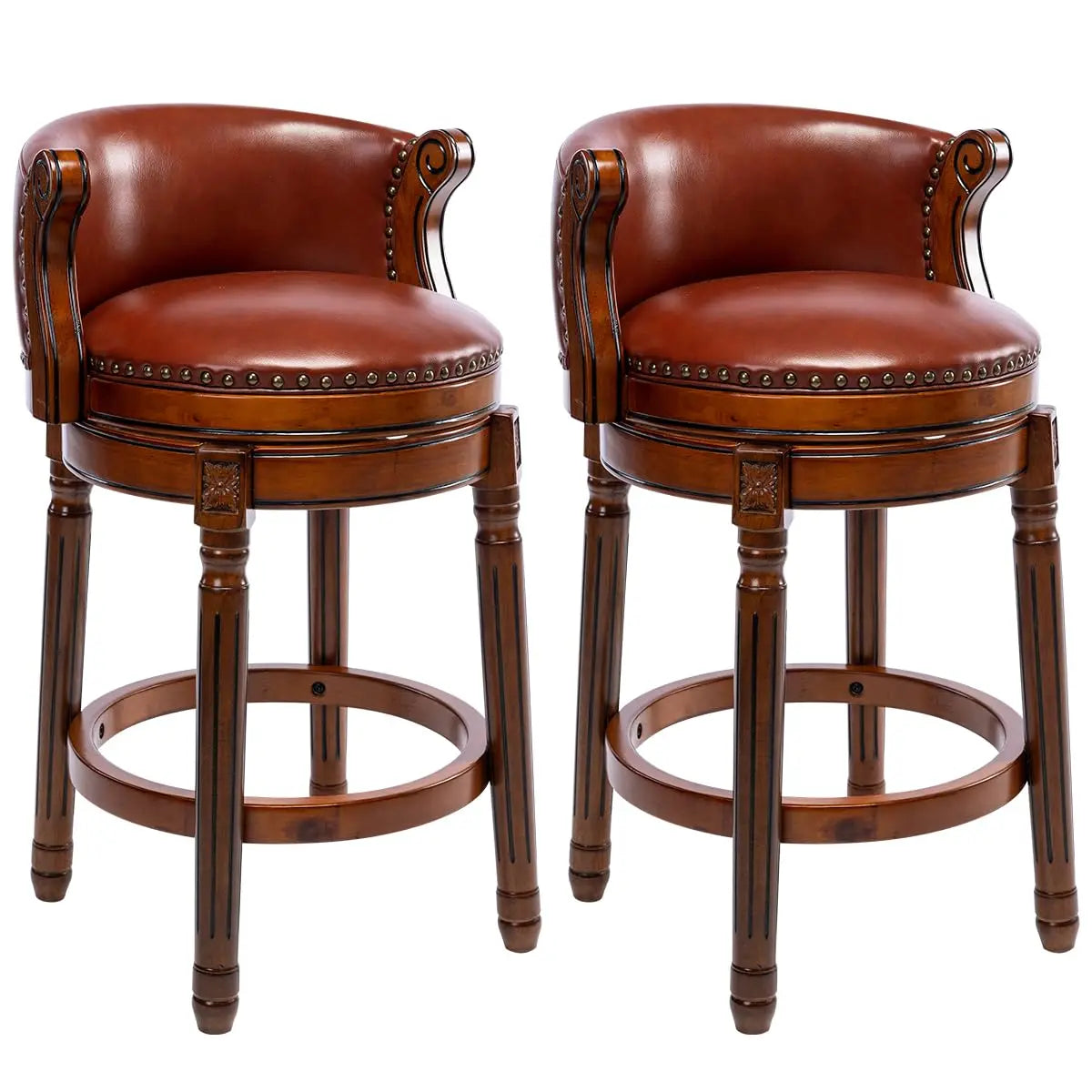 Leather Wooden Bar Stool With Back 29.5 Swivel Bar Chair