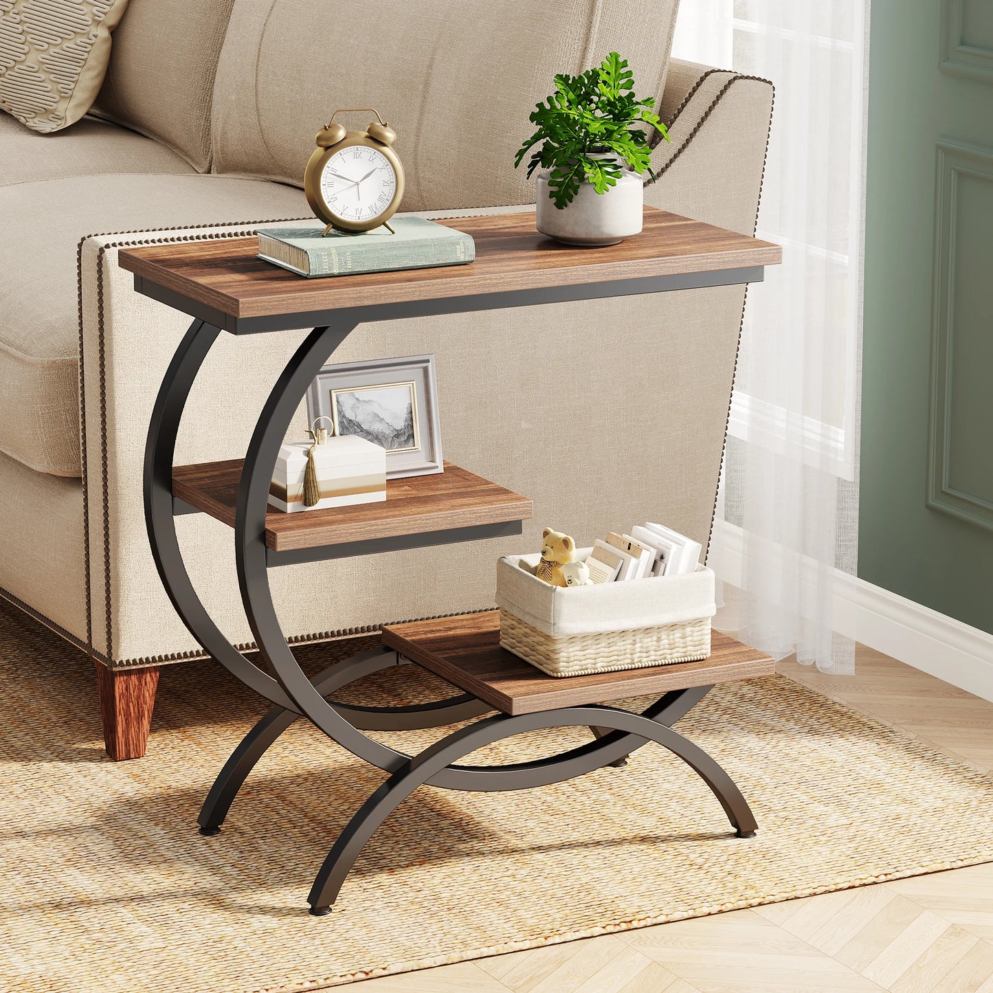 Tribesigns C-Shaped End Table Industrial 3-Tier With Storage Shelves