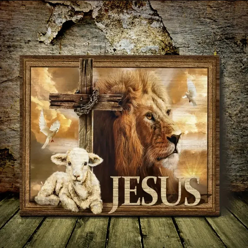 NONECN Unframed Canvas Print Animal Wall Art Lamb Cross Lion