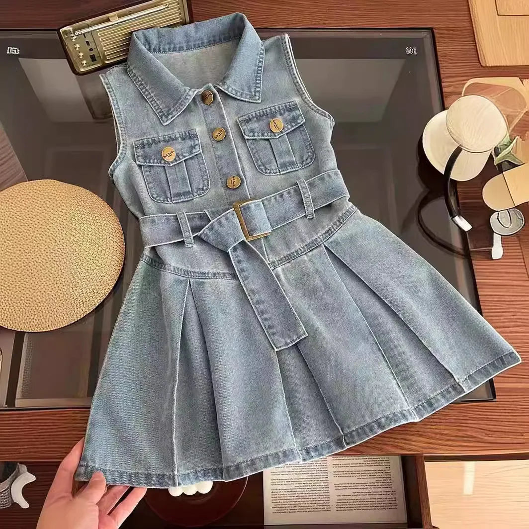 Girls Casual Sleeveless Shirt Collar Pleated Western Dress