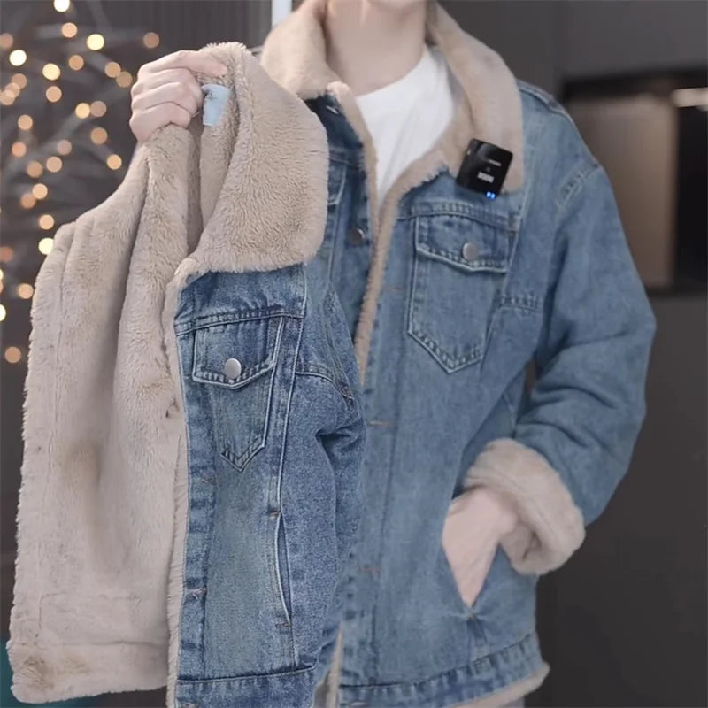 Girls Thick Denim Jacket Velvet Lined Padded Coat For Kids