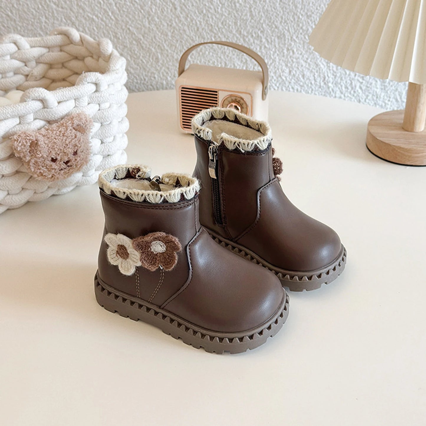 Girls Fleece Lined Winter Boots Zip Closure Rubber Sole