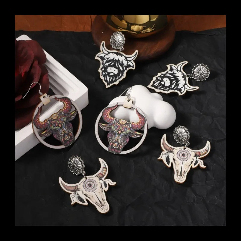 Halloween Fashion Western Cowboy Style Printed Wooden Creative Farm Highland Consumption Cow Earrings Personality Trend