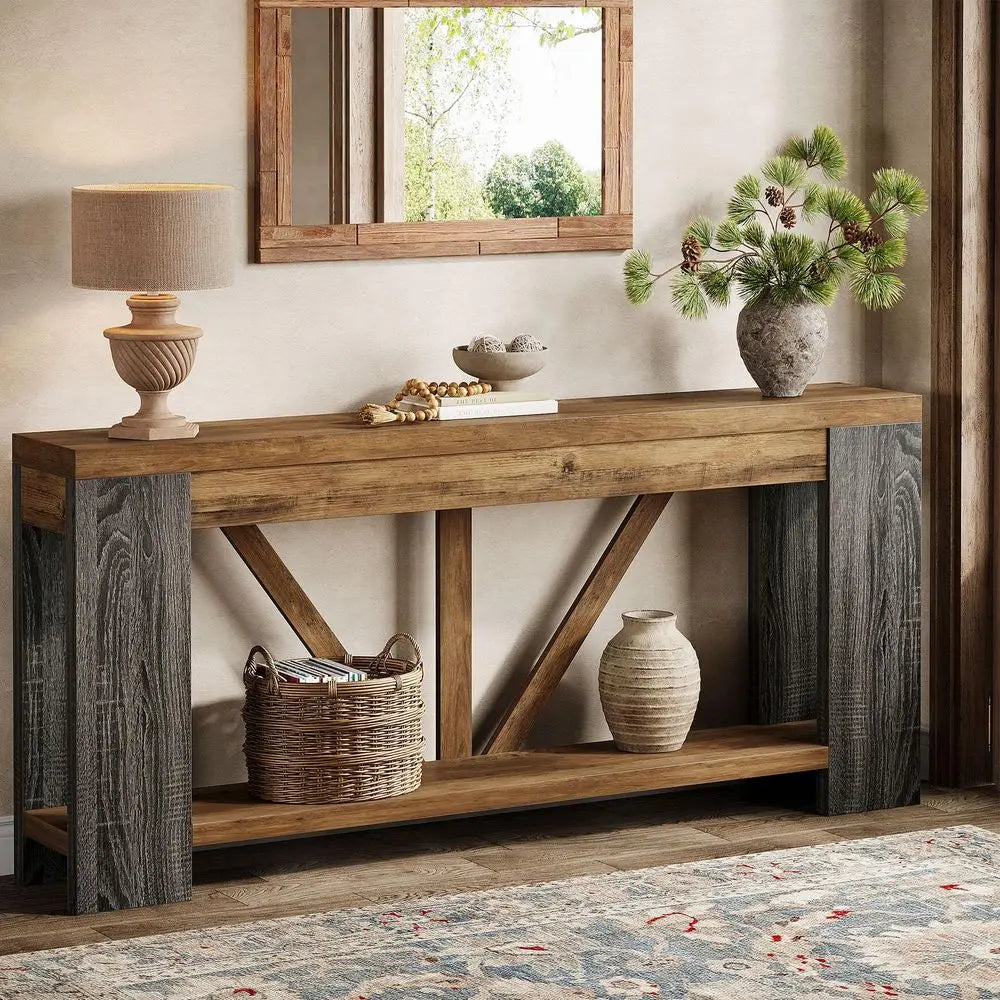 Narrow Farmhouse Console Table With Storage Shelf For Hallway