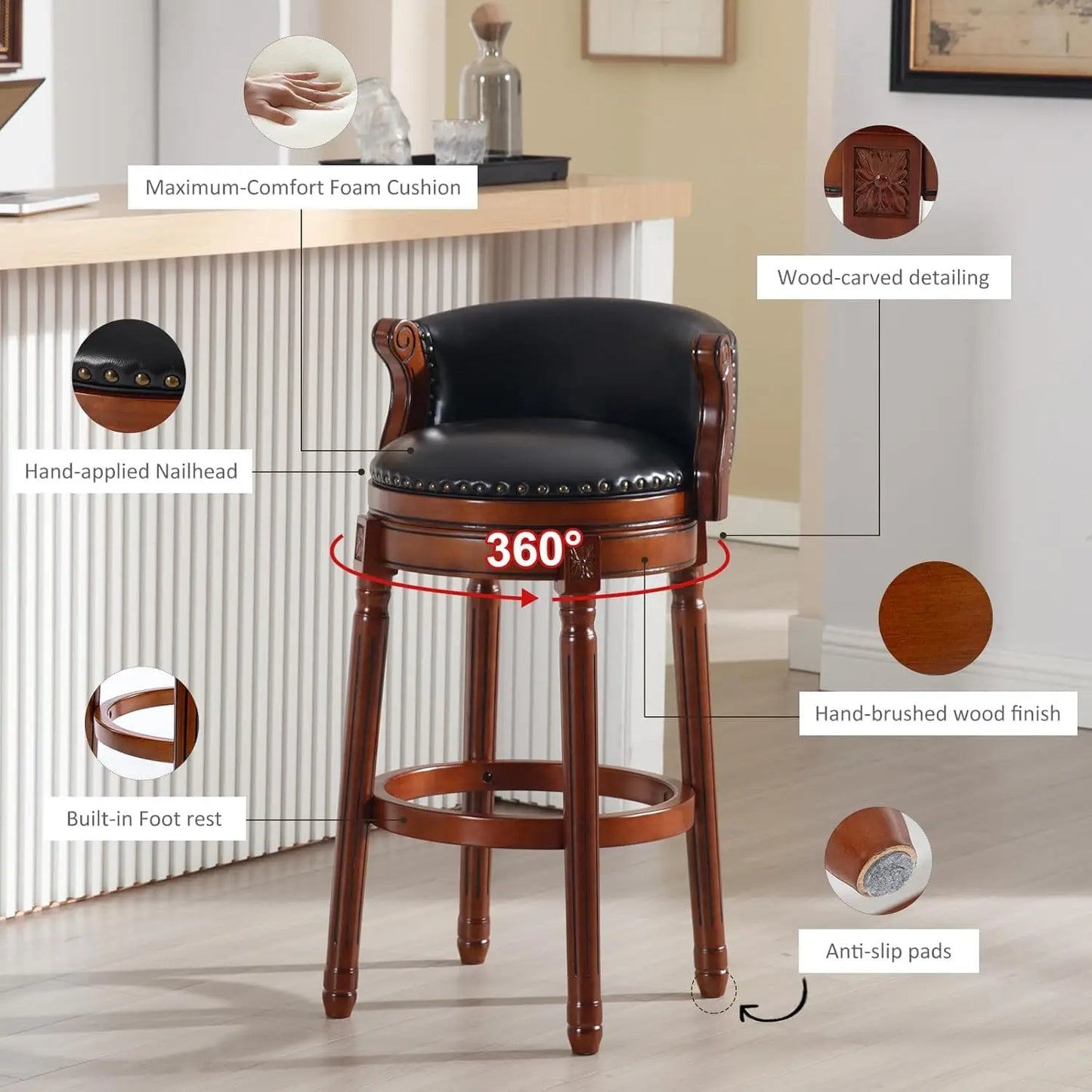 Leather Wooden Bar Stool With Back 29.5 Swivel Bar Chair