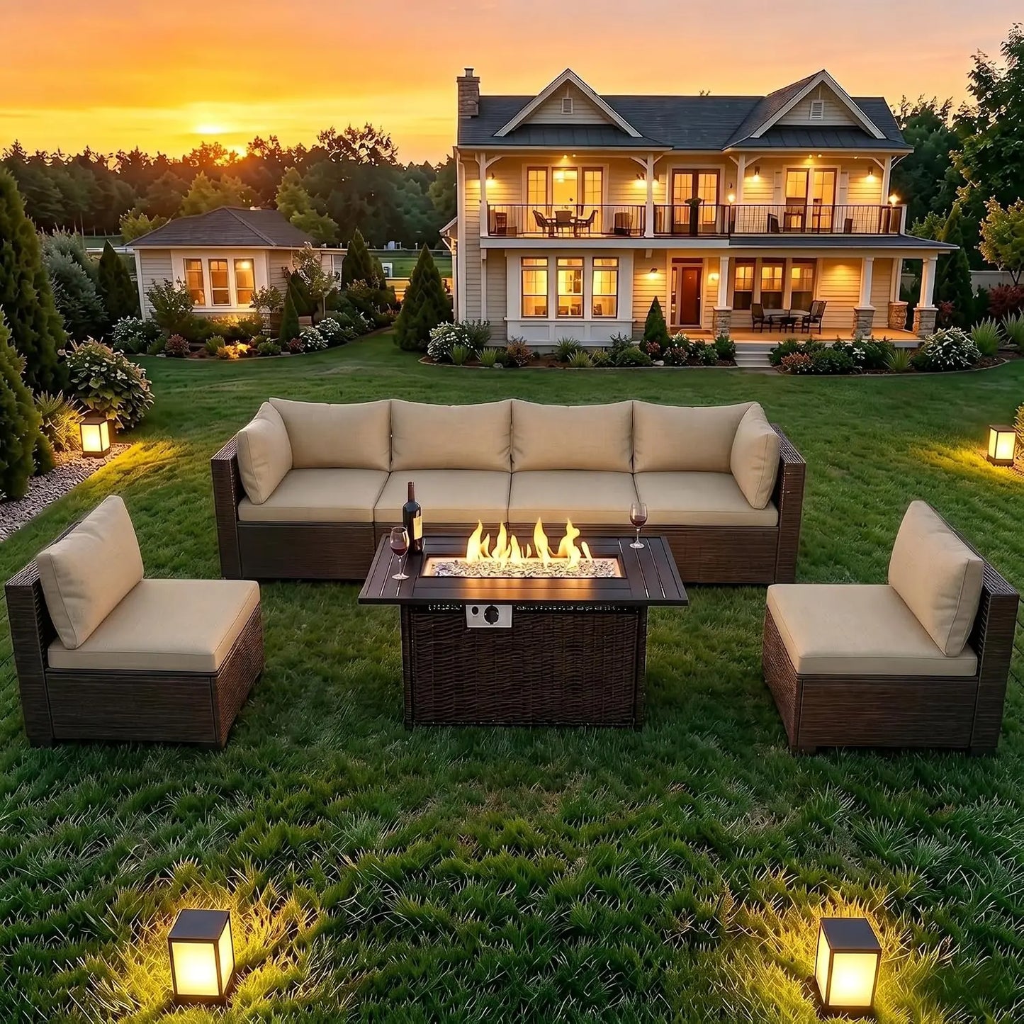 Wicker Patio Outdoor Conversation Set With Propane Fire Pit Table