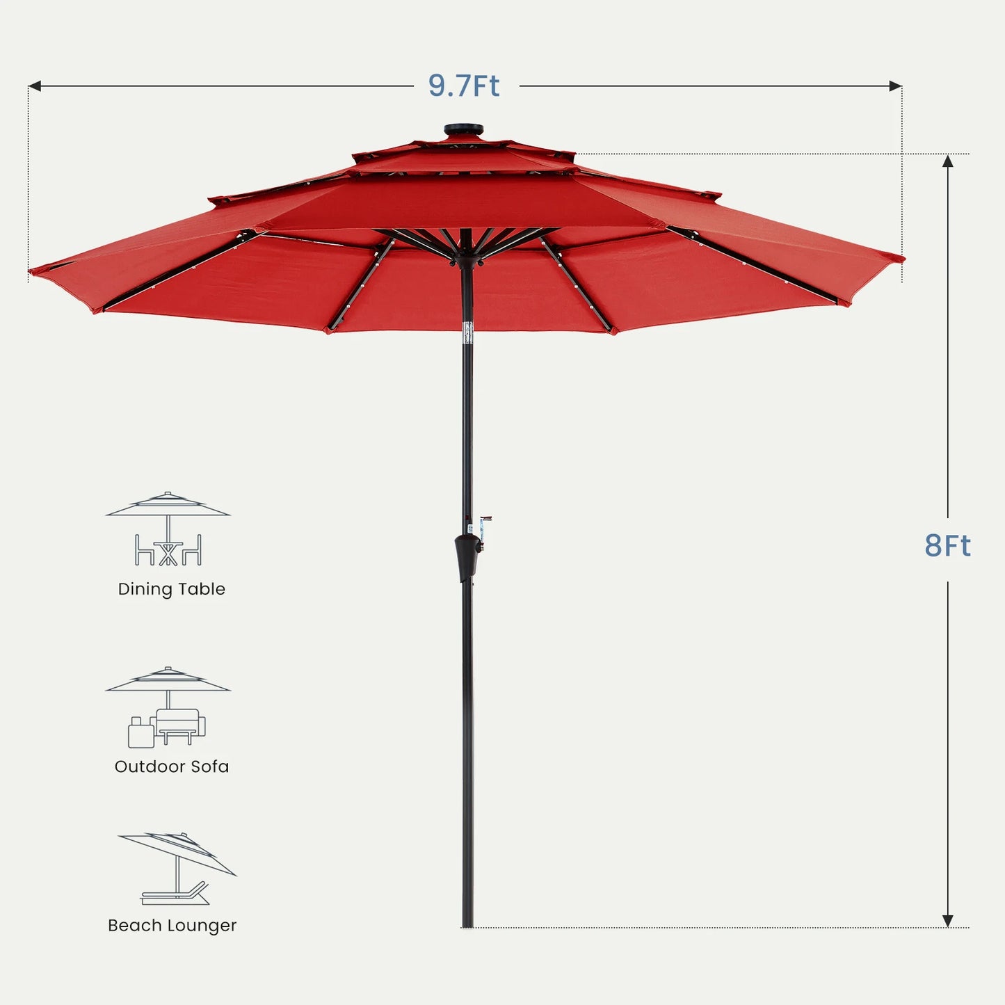 Solar Patio Umbrella With 32 LED Lights Tilt Adjustment Lift