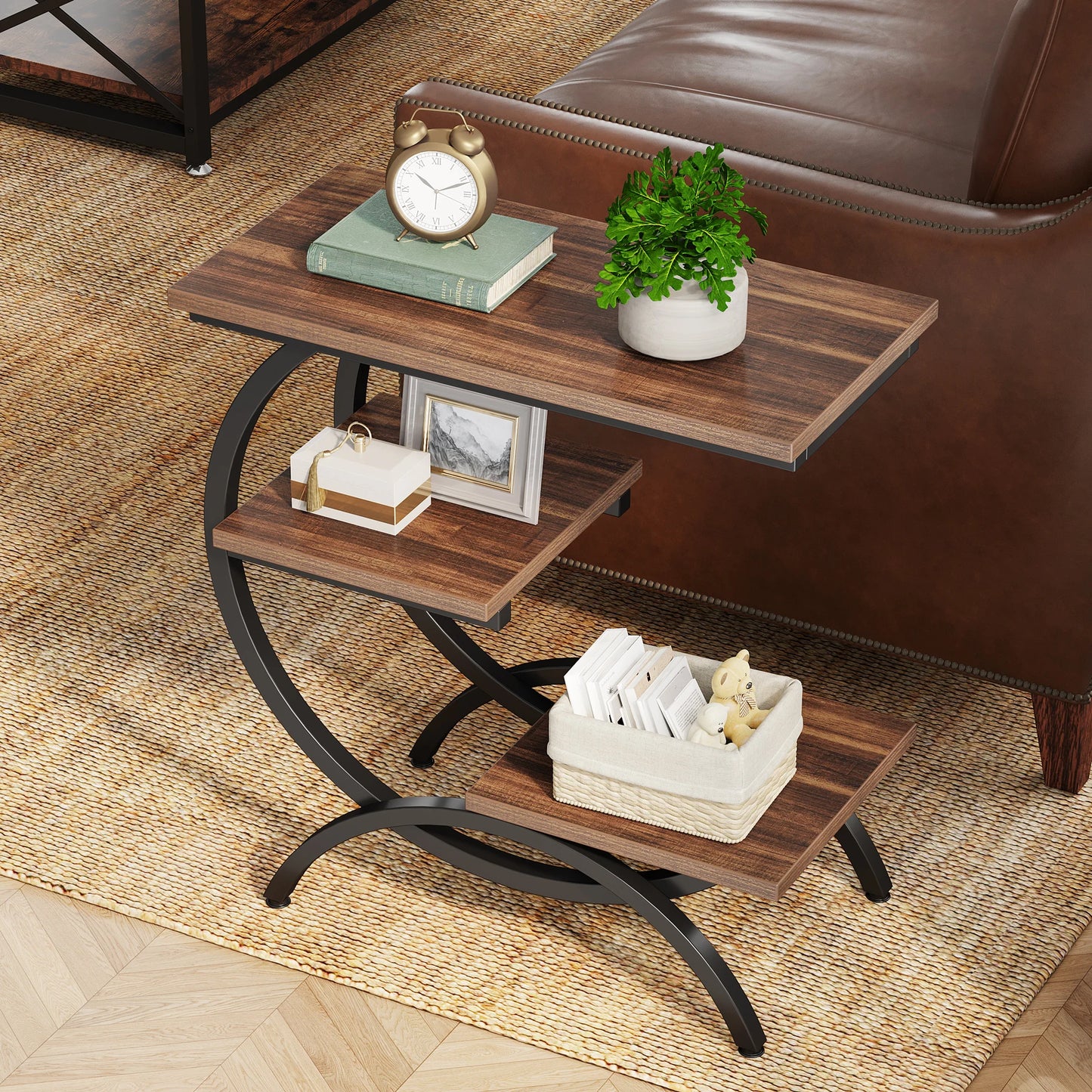 Tribesigns C-Shaped End Table Industrial 3-Tier With Storage Shelves