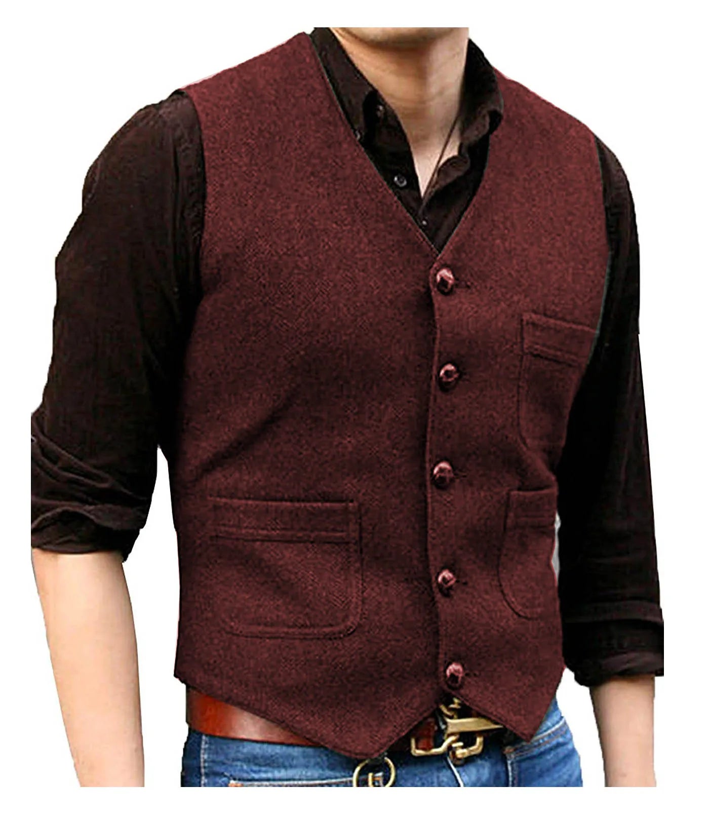 SOLOVEDRESSCN Men's Formal V Neck Wool Herringbone Tweed Waistcoat