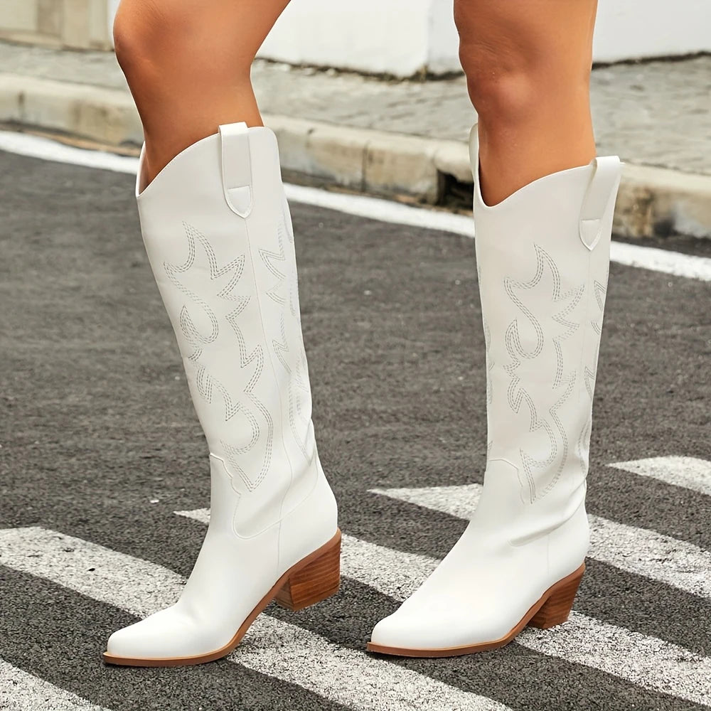 Western Embroidered Knee High Boots For Women Point Toe Heels