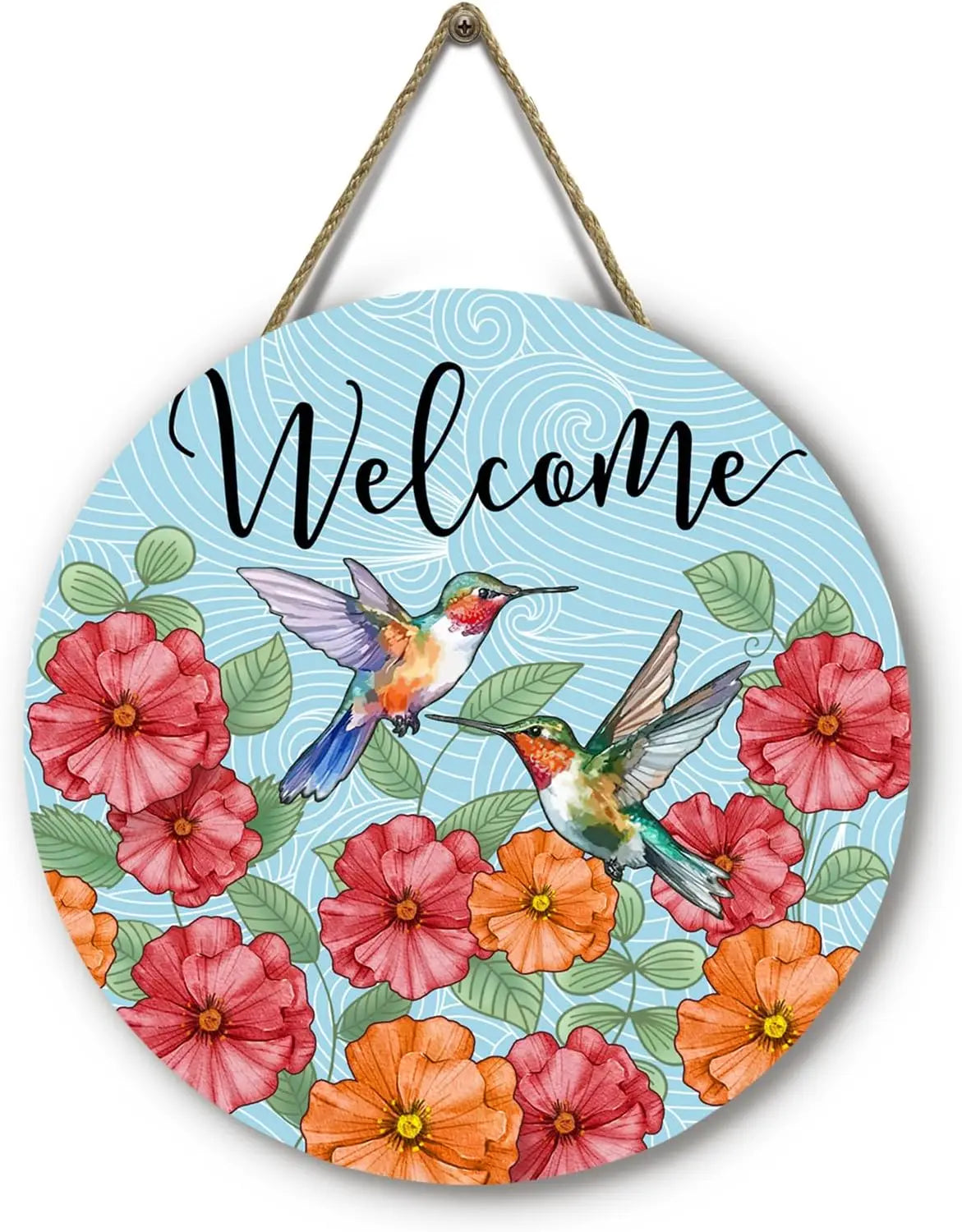 Spring Flowers Hummingbird Round Wooden Sign for Farmhouse Decor
