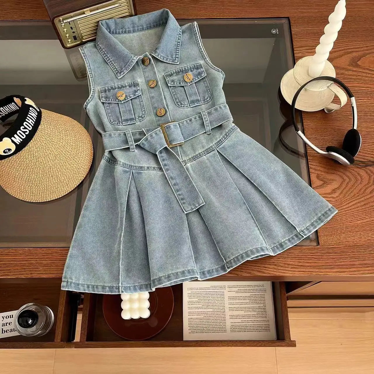 Girls Casual Sleeveless Shirt Collar Pleated Western Dress