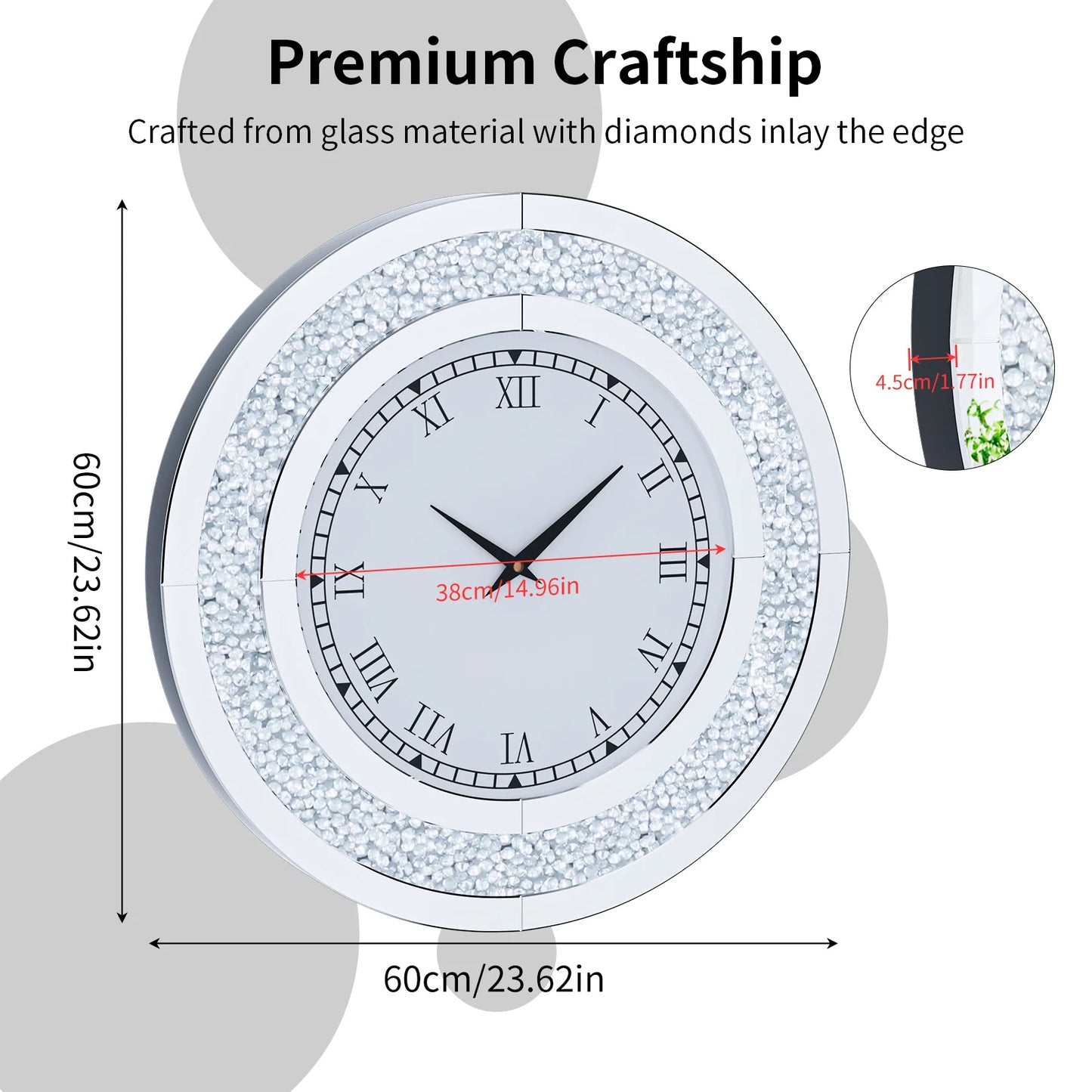 Round Mirrored Wall Clock with Crystal Sparkle Bling
