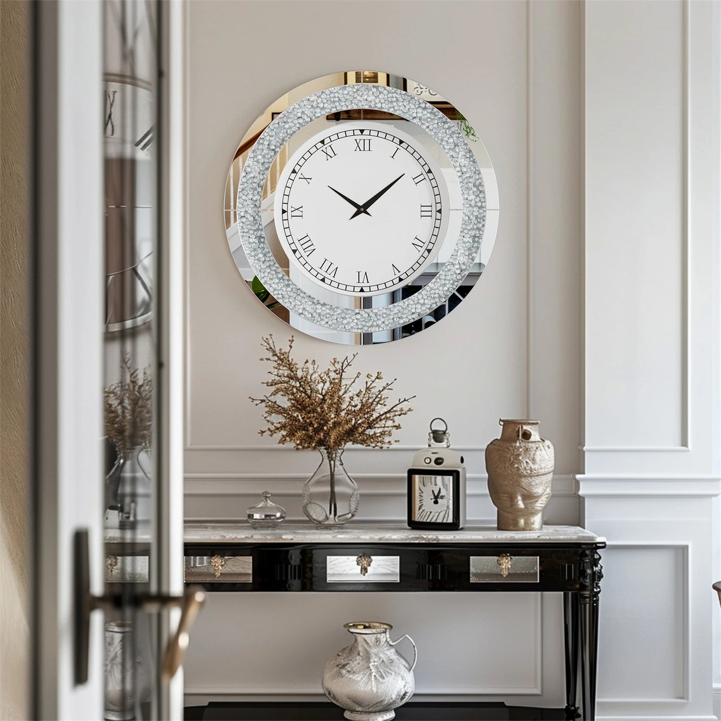 Round Mirrored Wall Clock with Crystal Sparkle Bling