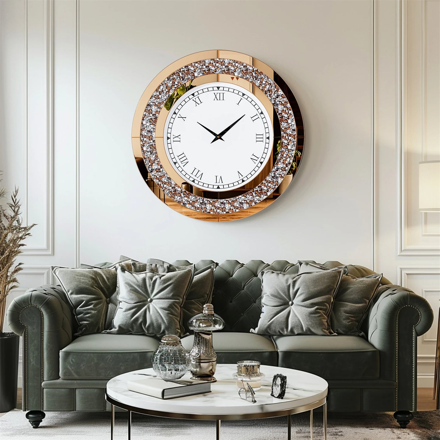 Round Mirrored Wall Clock with Crystal Sparkle Bling