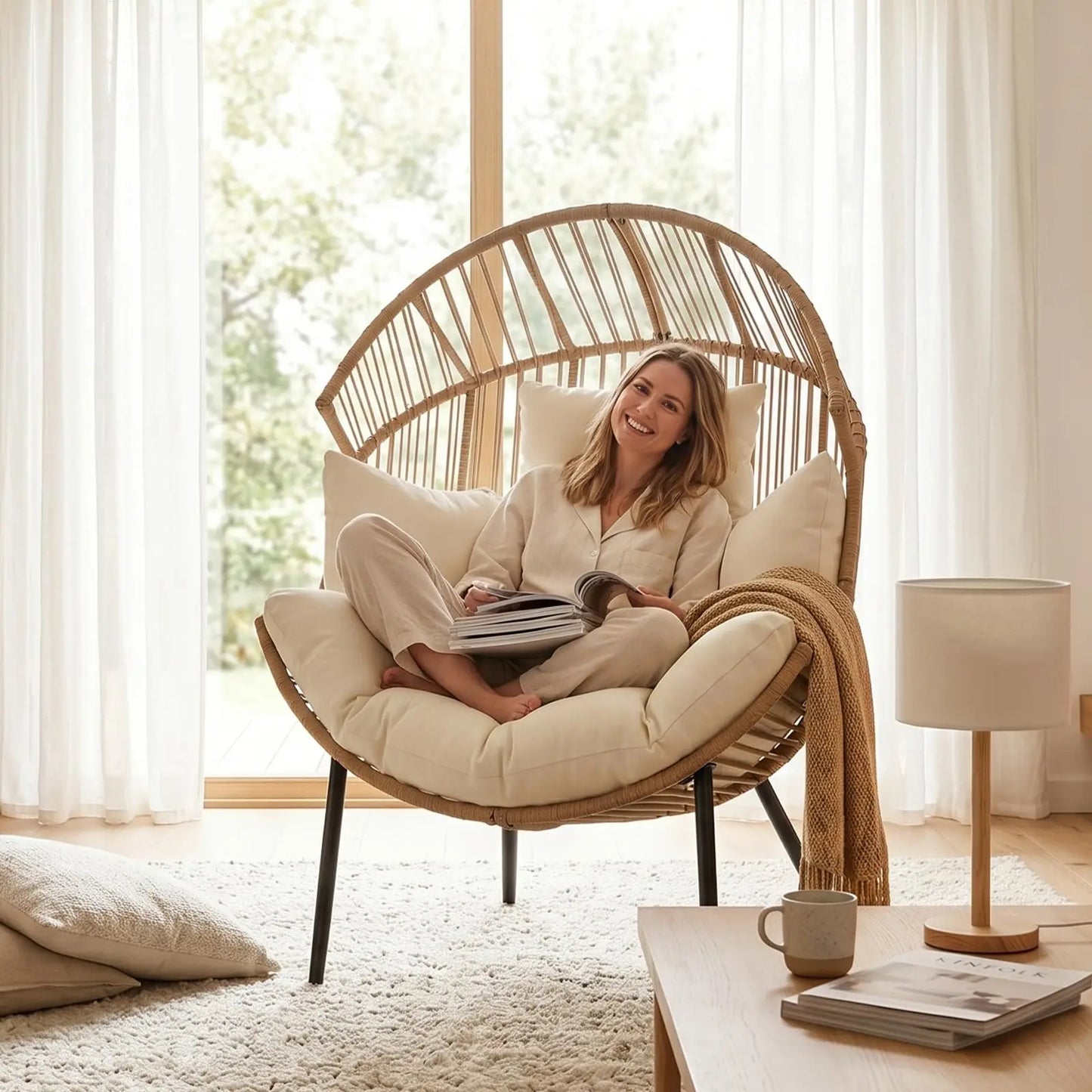 HiMISS Outdoor Wicker Egg Chair Rocker Papasan Lounge Chair with Cushion