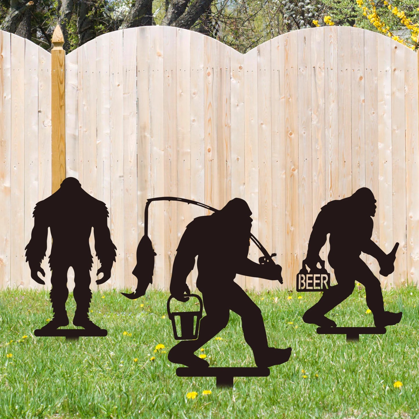 Three Piece Metal Sasquatch Garden Stakes Outdoor Decor
