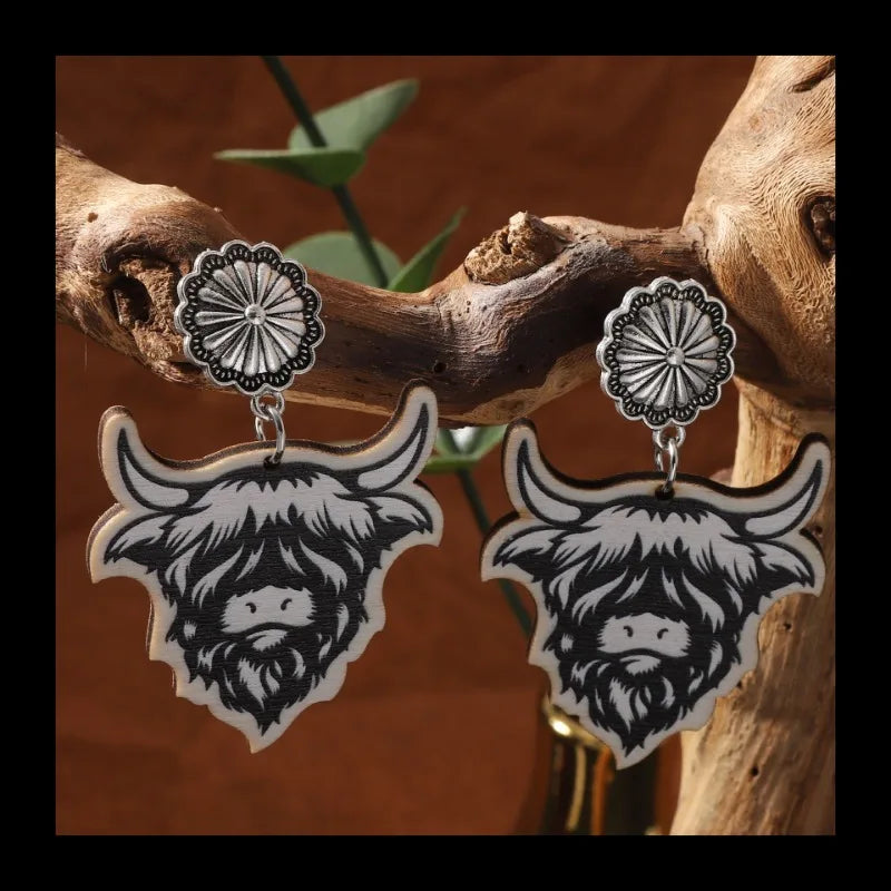 Halloween Fashion Western Cowboy Style Printed Wooden Creative Farm Highland Consumption Cow Earrings Personality Trend
