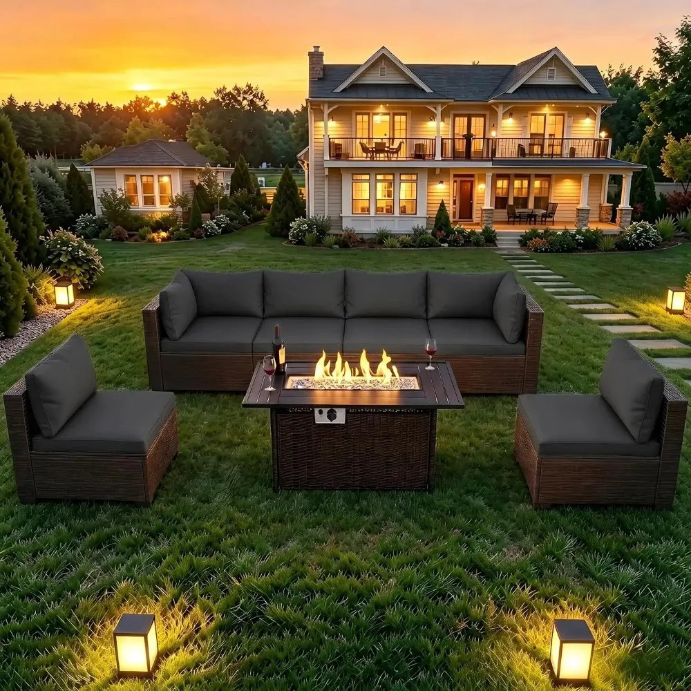 Wicker Patio Outdoor Conversation Set With Propane Fire Pit Table