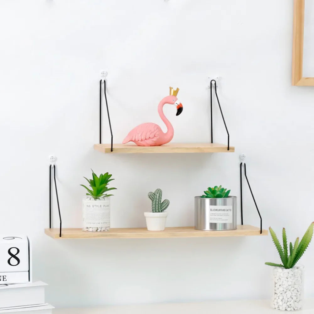 Wooden Wall Shelf With Iron Rack For Bedroom And Kid Room Decor