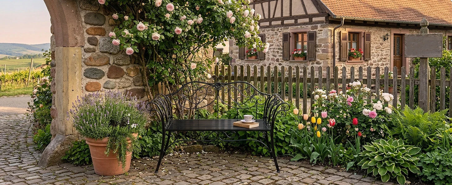Wrought Iron Garden Bench Outdoor Rustproof Decorative Backrest