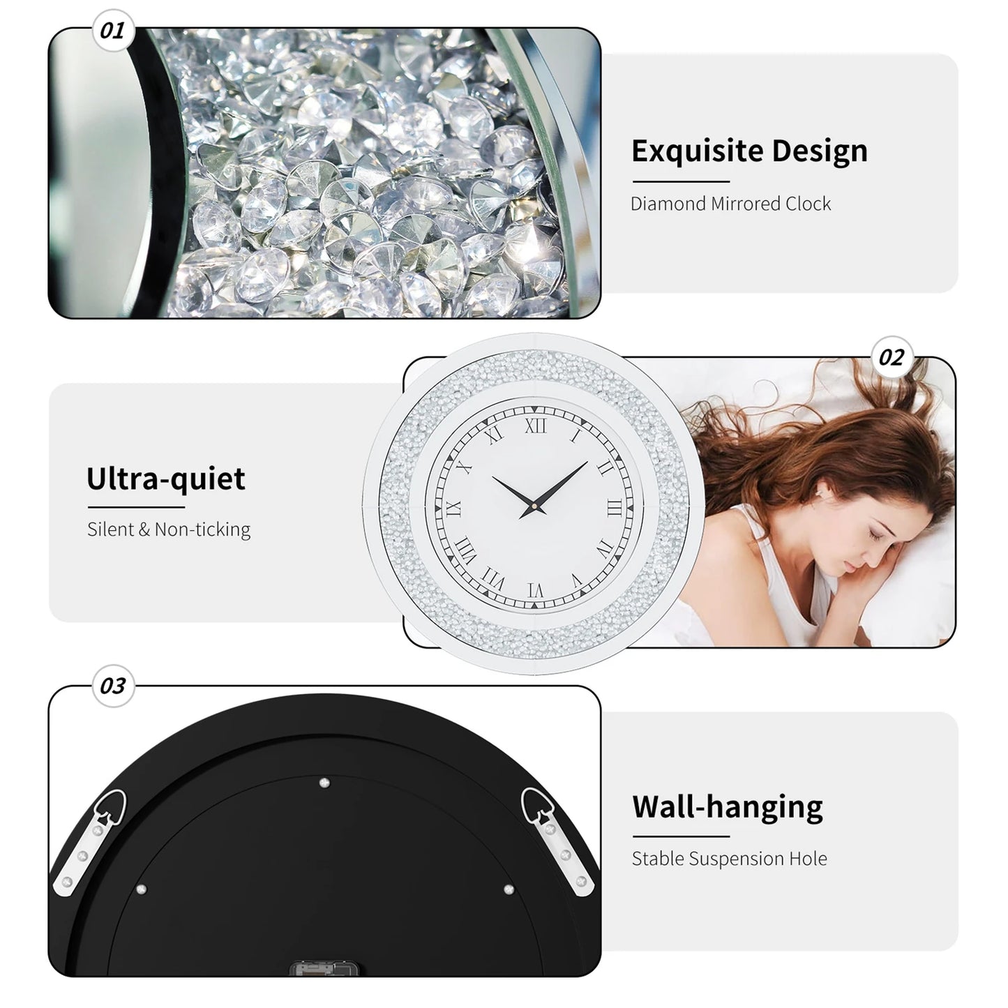 Round Mirrored Wall Clock with Crystal Sparkle Bling