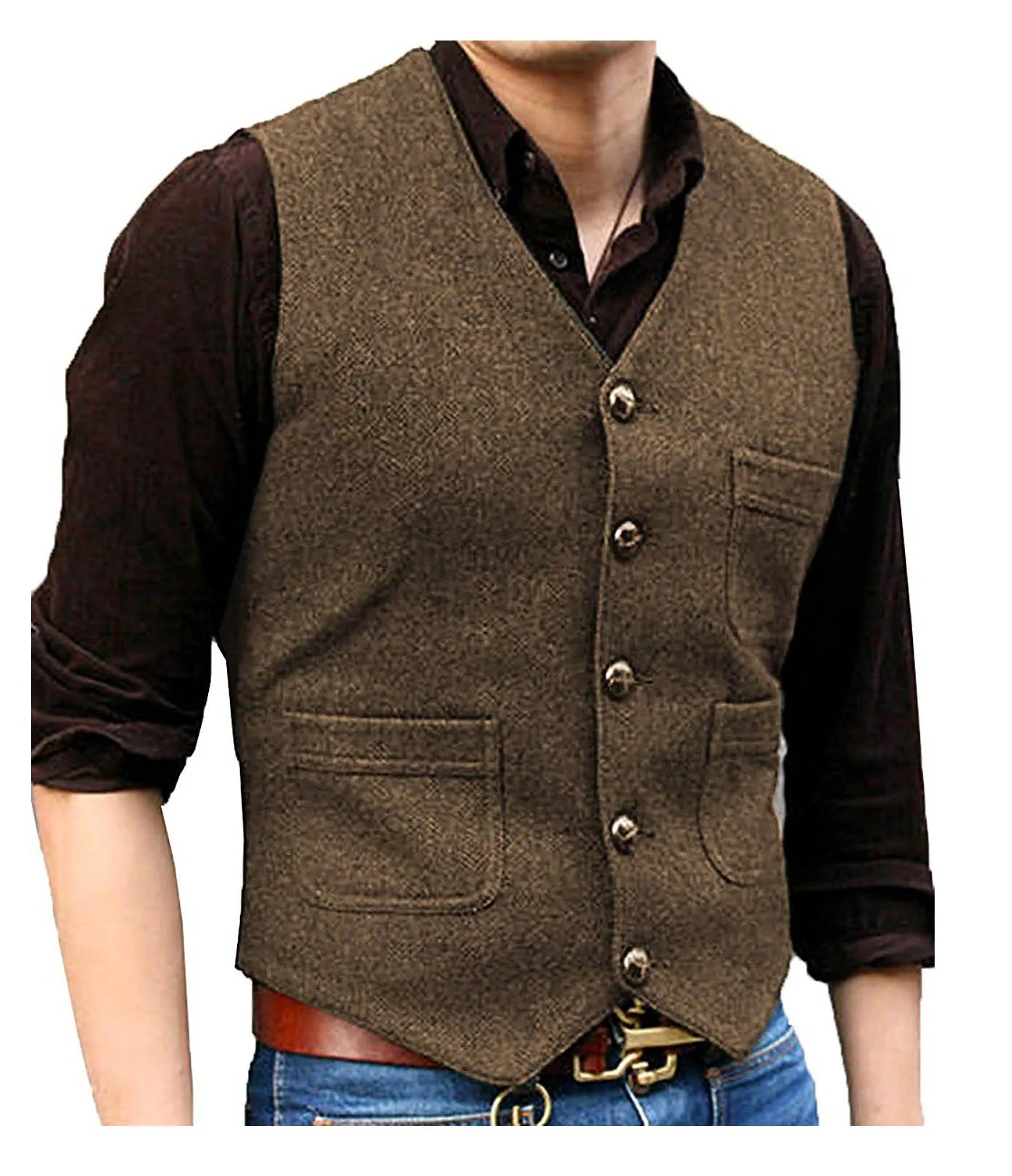 SOLOVEDRESSCN Men's Formal V Neck Wool Herringbone Tweed Waistcoat