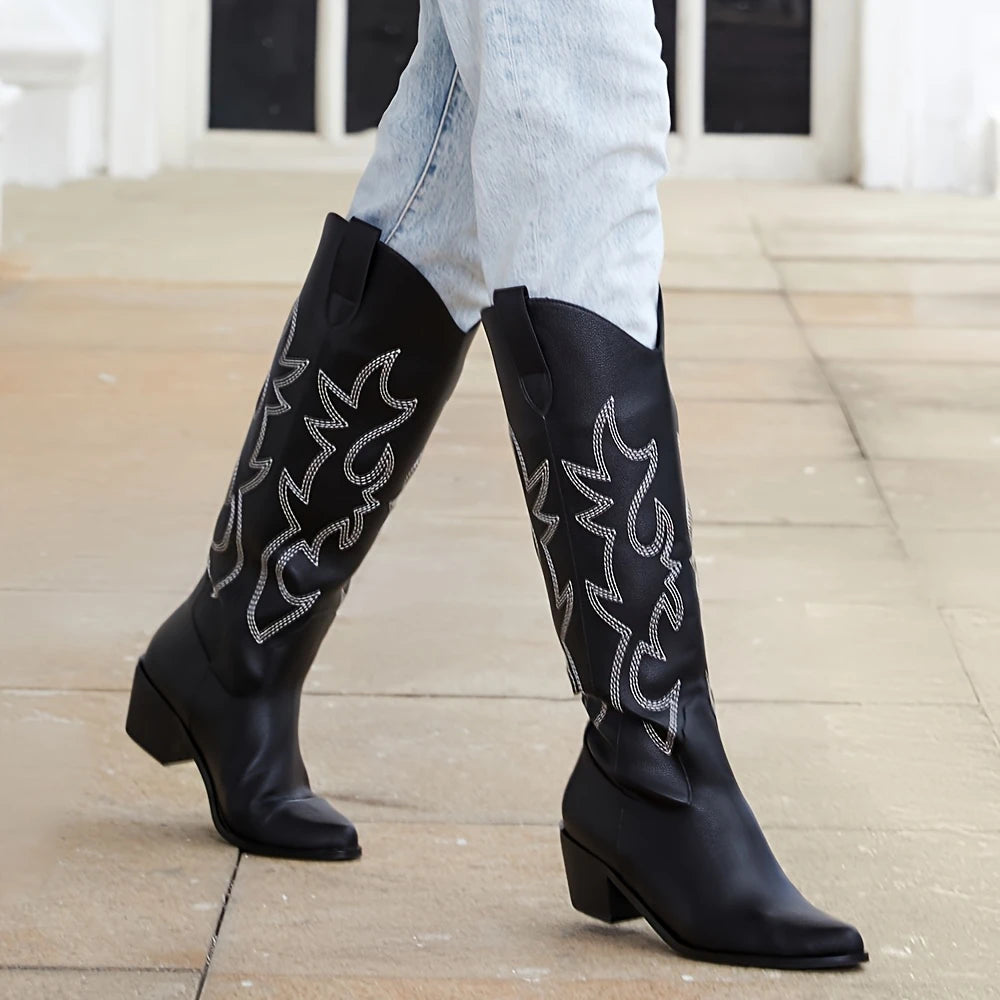 Western Embroidered Knee High Boots For Women Point Toe Heels