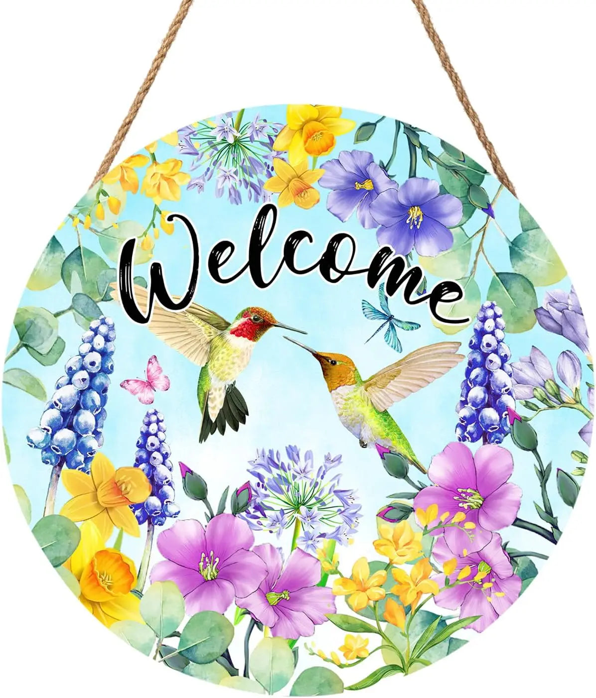 Spring Flowers Hummingbird Round Wooden Sign for Farmhouse Decor
