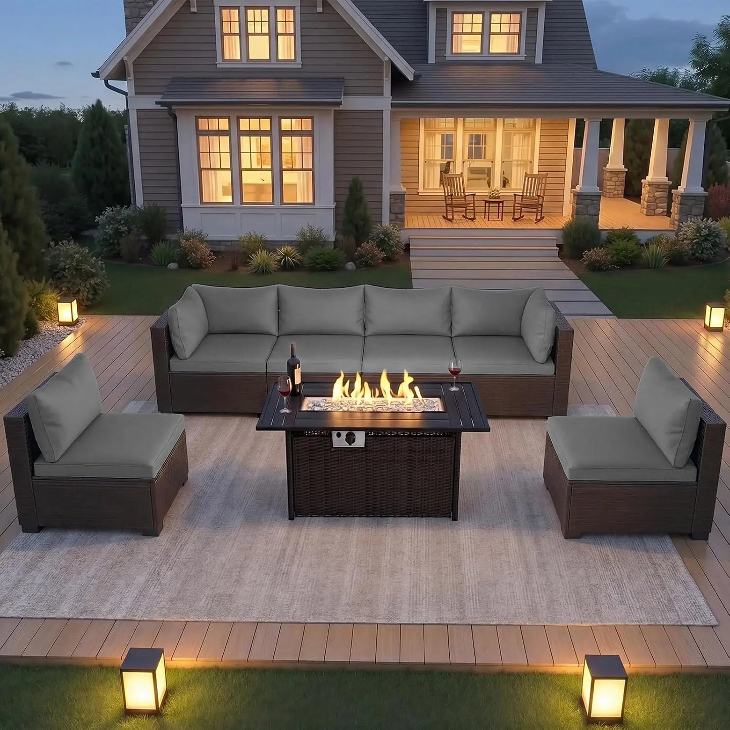 Wicker Patio Outdoor Conversation Set With Propane Fire Pit Table