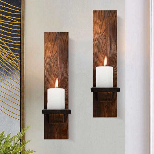 Rustic Wooden Wall Candle Sconces Set