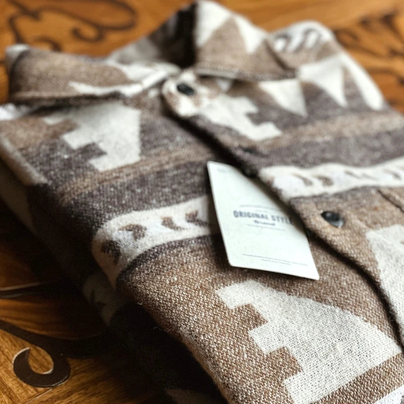 Bird Mountain Japanese Vintage Wool Shirt Ethnic Tribal Print Long Sleeve