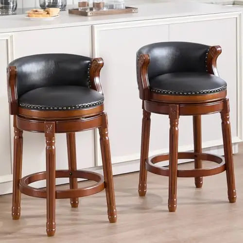 Leather Wooden Bar Stool With Back 29.5 Swivel Bar Chair