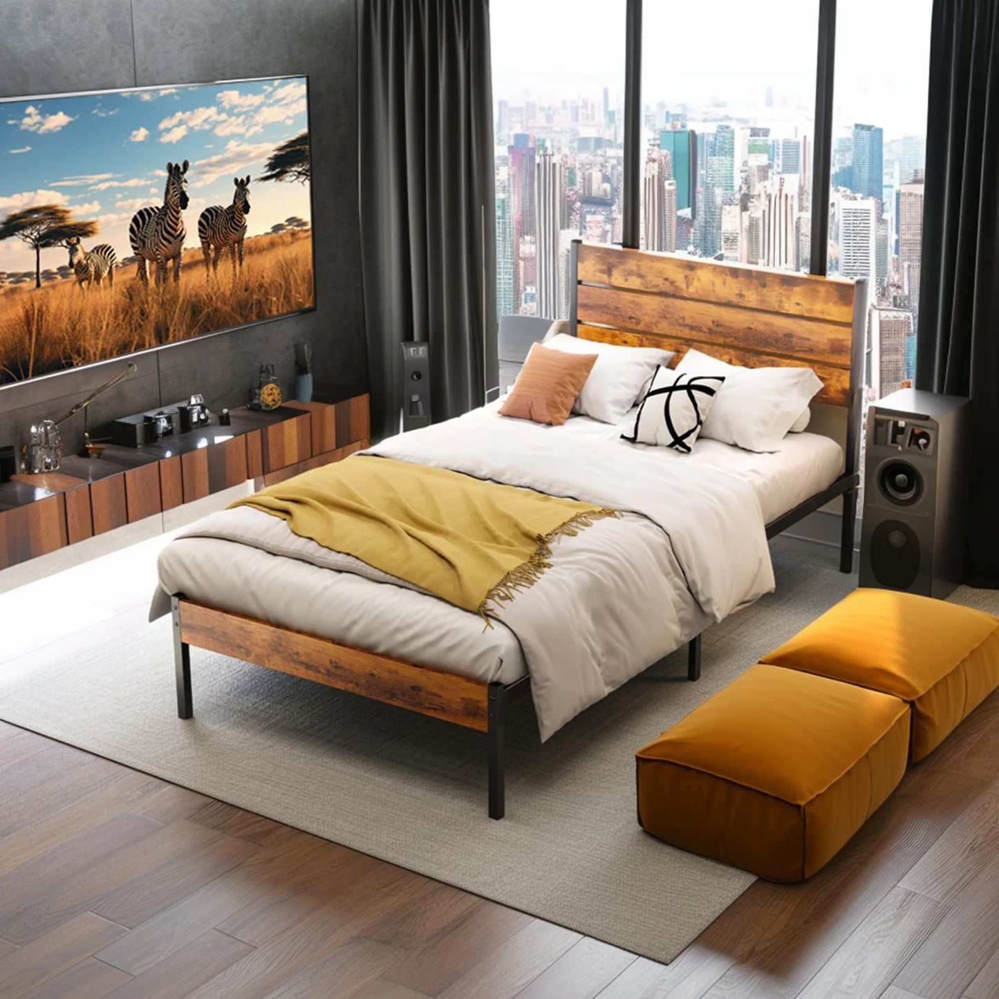 JHK Metal Platform Bed Frame With Headboard And Footboard