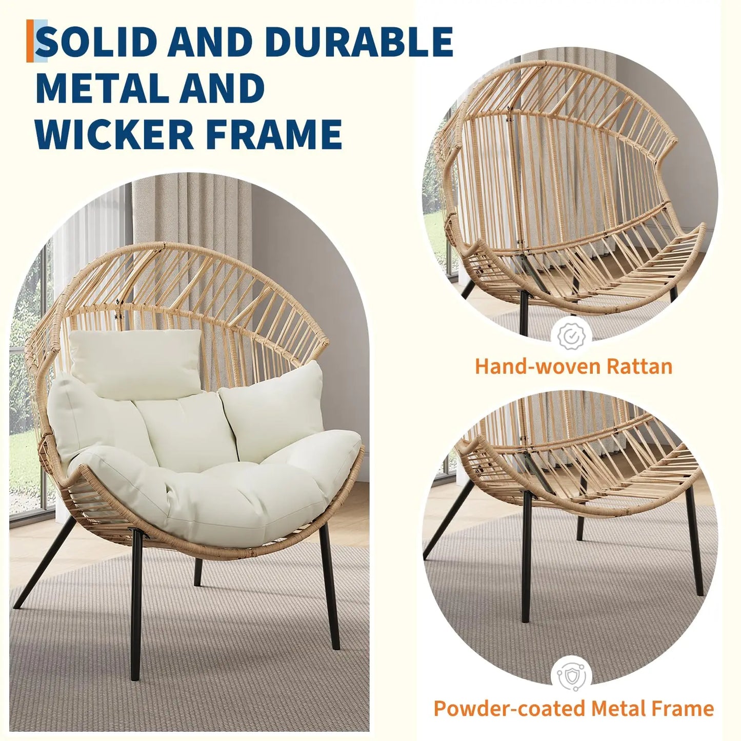 HiMISS Outdoor Wicker Egg Chair Rocker Papasan Lounge Chair with Cushion