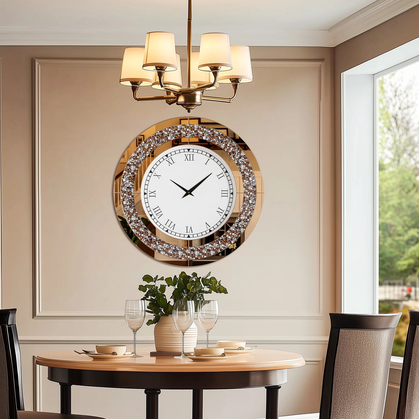 Round Mirrored Wall Clock with Crystal Sparkle Bling