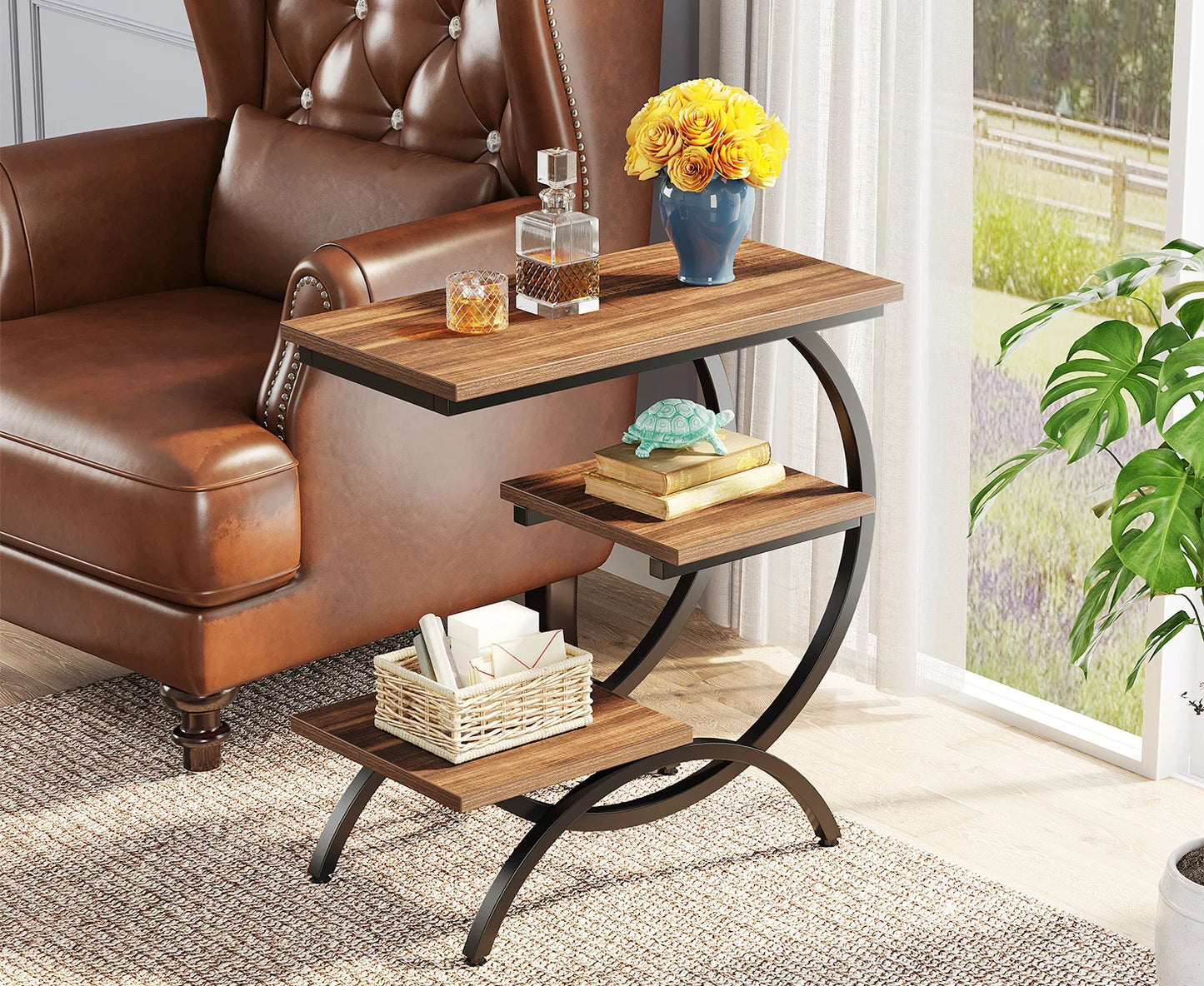 Tribesigns C-Shaped End Table Industrial 3-Tier With Storage Shelves