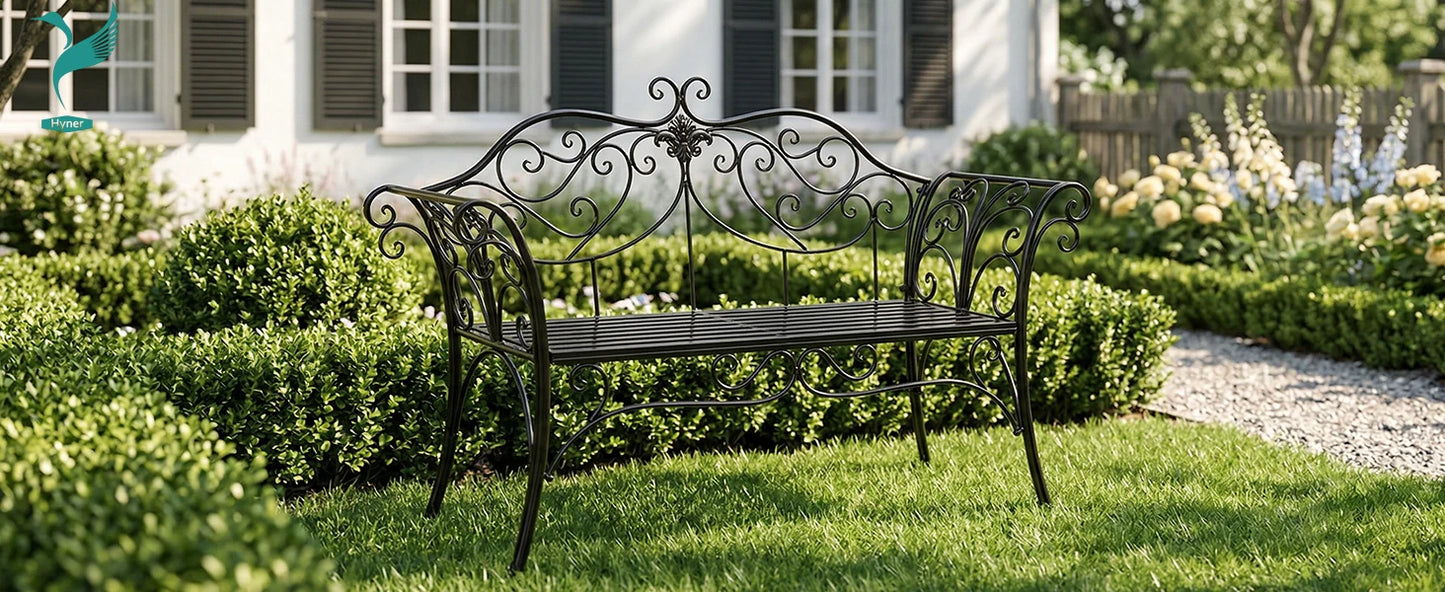 Wrought Iron Garden Bench Outdoor Rustproof Decorative Backrest