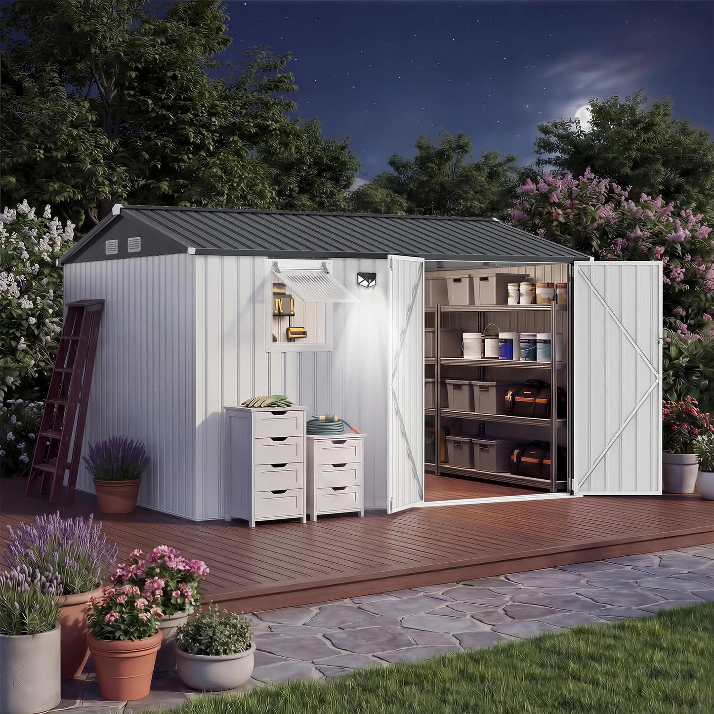 HiMISS Steel Garden Storage Shed With Sloped Roof Lockable Doors