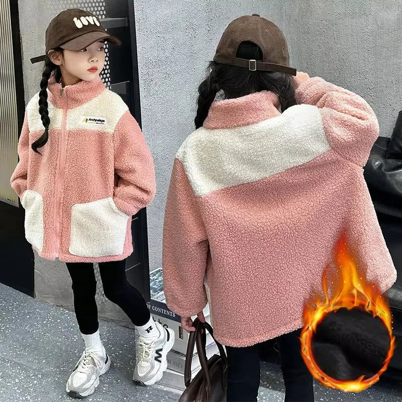 Girls Thick Denim Jacket Velvet Lined Padded Coat For Kids